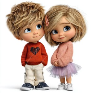 Pode incluir: Duas bonecas de desenho animado com grandes olhos azuis e cabelo loiro. A boneca do menino usa um su&eacute;ter vermelho com um cora&ccedil;&atilde;o preto, cal&ccedil;as c&aacute;qui e t&ecirc;nis azuis. A boneca da menina usa um su&eacute;ter rosa e um tutu roxo, com t&ecirc;nis brancos.