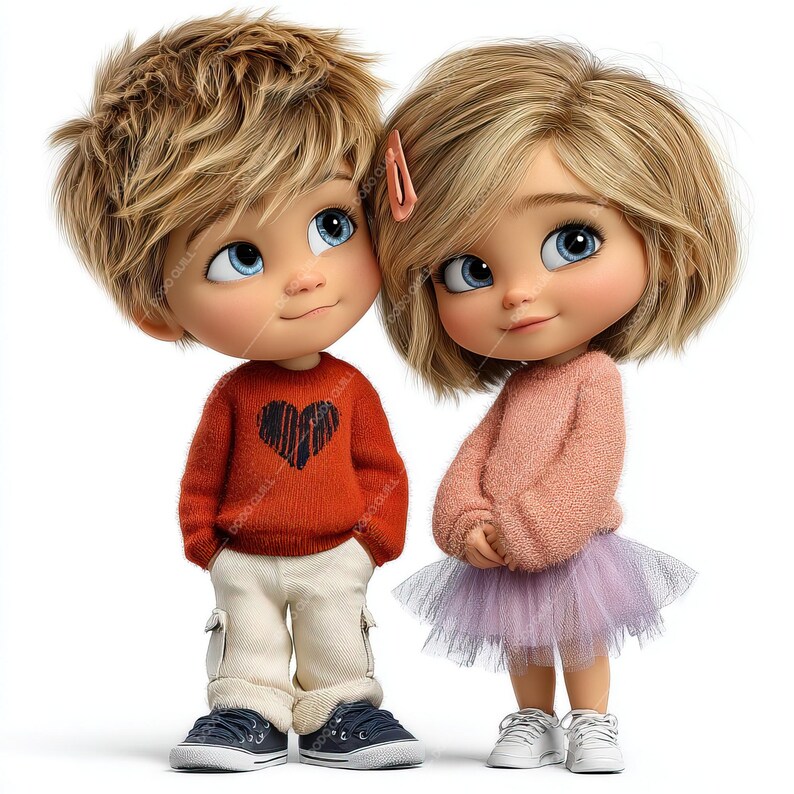 Pode incluir: Duas bonecas de desenho animado com grandes olhos azuis e cabelo loiro. A boneca do menino usa um su&eacute;ter vermelho com um cora&ccedil;&atilde;o preto, cal&ccedil;as c&aacute;qui e t&ecirc;nis azuis. A boneca da menina usa um su&eacute;ter rosa e um tutu roxo, com t&ecirc;nis brancos.