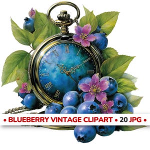 Op de afbeelding: Een vintage zakhorloge met een blauwe wijzerplaat, Romeinse cijfers en goudkleurige accenten is omringd door blauwe bessen, groene bladeren en paarse bloemen. De afbeelding bevat de tekst "BLUEBERRY VINTAGE CLIPART • 20 JPG."