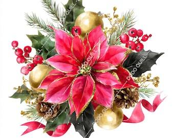 以下が含まれることがあります： クリスマスのフラワーアレンジメントの水彩イラスト。 金色の縁取りのある大きな赤いポインセチアが、金色のオーナメント、赤いベリー、松葉、赤いリボンに囲まれています。 背景は白です。