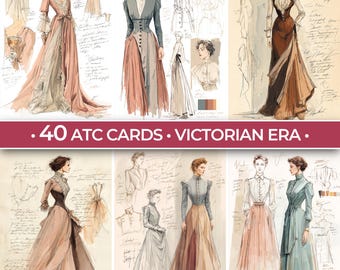 May include: A collection of six watercolor illustrations of Victorian era women's fashion designs. The drawings feature full-length gowns and dresses in shades of pink, brown, blue, and gray. The text on the image reads: ".40 ATC CARDS • VICTORIAN ERA."