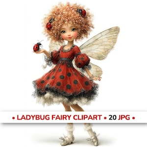 Lieveheersbeestje feeën clipart, afdrukbare fantasiefiguren | 20 JPG-afbeeldingen, scrapbooking en junkjournal Art