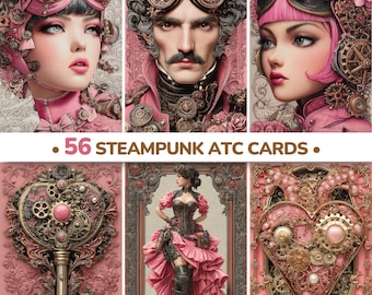May include: A collection of 56 Steampunk ATC cards. The cards feature portraits of people with goggles and Victorian-era clothing, and other cards with gears and keys. The color palette is primarily pink and gold.