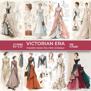 ビクトリア朝のファッションジャンクジャーナルページ、ヴィンテージ服のスケッチ（印刷可能なPDF）