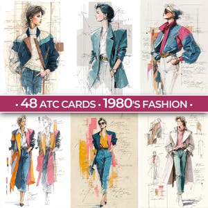 May include: A collection of fashion illustrations featuring 1980s styles. The drawings showcase women in various outfits, including blazers, coats, and jeans, with a focus on bold colors and silhouettes. The text on the image reads: '.48 ATC CARDS . 1980'S FASHION.'