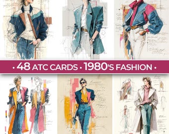 May include: A collection of fashion illustrations featuring 1980s styles. The drawings showcase women in various outfits, including blazers, coats, and jeans, with a focus on bold colors and silhouettes. The text on the image reads: '.48 ATC CARDS . 1980'S FASHION.'