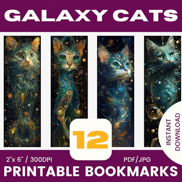Printable bookmarks for instant download. Fantasy-style Galaxy Cats. Cool gift for booklover or catlover. Cute bookmarks with cat portraits.