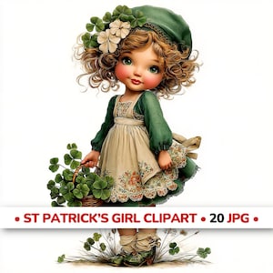 Op de afbeelding: Digitale illustratie van een jong meisje in een groene en crèmekleurige jurk, met een mandje met klavers. Ze draagt een groene hoed versierd met klavers en bloemen. De afbeelding heeft de tekst "ST PATRICK'S GIRL CLIPART • 20 JPG •" onderaan.