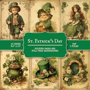 Könnte beinhalten: Eine digitale Kunstsammlung zum Thema St. Patrick's Day. Die Bilder zeigen Illustrationen eines Leprechauns, einer Fee, eines Goldtopfes, eines grünen Hutes und einer Hobbit-Tür. Der Text auf dem Bild lautet "St. Patrick's Day", "40 Seiten 21.59 cm x 27.94 cm", "PDF 5 Dateien" und "Folding pages and full-page backgrounds."