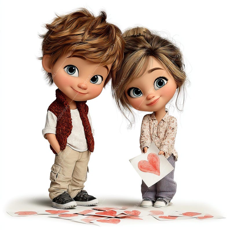 Pode incluir: Ilustra&ccedil;&atilde;o digital de dois personagens de desenho animado, um menino e uma menina, em p&eacute; juntos. O menino usa um colete vermelho, uma camisa branca e cal&ccedil;as c&aacute;qui. A menina segura um desenho de um cora&ccedil;&atilde;o vermelho.