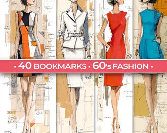 May include: Set of 40 bookmarks featuring fashion illustrations from the 1960s. The bookmarks showcase stylized drawings of women in various outfits, including dresses and suits, in a palette of orange, white, red, and blue. The text on the image reads: "40 BOOKMARKS • 60'S FASHION."