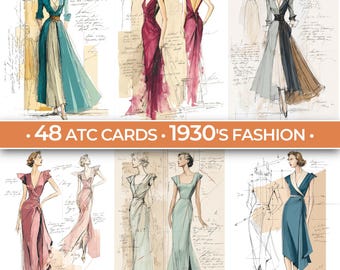 Könnte beinhalten: Eine Sammlung von 48 ATC-Karten mit Modeillustrationen aus den 1930er Jahren. Die Karten zeigen Zeichnungen von Damenkleidern in Farben wie Türkis, Burgunderrot und Grau. Der Text auf den Karten lautet ".48 ATC CARDS . 1930'S FASHION."
