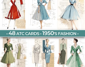 May include: A collection of 48 ATC cards featuring illustrations of 1950s fashion. The cards showcase various women's outfits, including dresses and suits, in a vintage style with a color palette of red, blue, green, and gray. The text on the cards reads: .48 ATC CARDS . 1950'S FASHION.