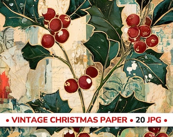 Puede incluir: Un diseño de papel digital con hojas de acebo verde oscuro con bordes dorados y racimos de bayas de color rojo brillante. El fondo consta de elementos de papel texturizados y superpuestos en tonos crema, beige y azul verdoso con el texto VINTAGE CHRISTMAS PAPER 20 JPG.