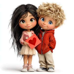 Pode incluir: Duas bonecas de desenho animado, uma menina com cabelo comprido preto e um menino com cabelo loiro encaracolado, est&atilde;o juntos. A menina usa um su&eacute;ter rosa e segura um cart&atilde;o vermelho com um cora&ccedil;&atilde;o. O menino usa uma jaqueta vermelha. Ambos usam t&ecirc;nis.