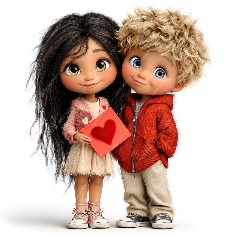 Pode incluir: Duas bonecas de desenho animado, uma menina com cabelo comprido preto e um menino com cabelo loiro encaracolado, est&atilde;o juntos. A menina usa um su&eacute;ter rosa e segura um cart&atilde;o vermelho com um cora&ccedil;&atilde;o. O menino usa uma jaqueta vermelha. Ambos usam t&ecirc;nis.