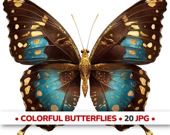 Puede incluir: Ilustración detallada de una mariposa con las alas abiertas. La mariposa presenta patrones marrones, dorados y azul turquesa. La imagen incluye el texto "COLORFUL BUTTERFLIES • 20 JPG •".