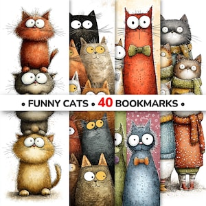 May include: A collection of illustrated bookmarks featuring whimsical, cartoon cats in various colors and poses. The text "FUNNY CATS • 40 BOOKMARKS" is displayed at the bottom. The cats have large eyes and are wearing bow ties and scarves.