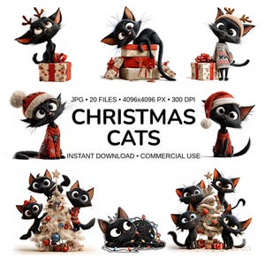 May include: A digital art image featuring several black cartoon cats in festive Christmas attire. The cats are depicted with various accessories, including Santa hats, sweaters, and reindeer antlers. The text "CHRISTMAS CATS" is prominently displayed.