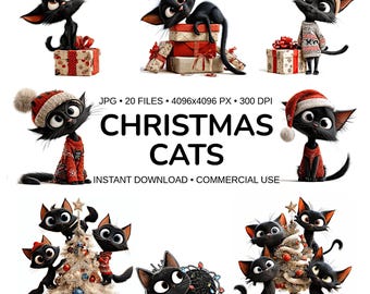 以下が含まれることがあります： クリスマスをテーマにした、黒い漫画の猫が描かれたデジタルアート画像。猫たちはサンタ帽、セーター、トナカイの角などのアクセサリーを身につけています。「CHRISTMAS CATS」の文字が大きく表示されています。