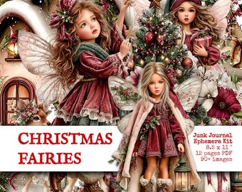 以下が含まれることがあります： クリスマスフェアリーをテーマにしたジャンクジャーナル用エフェメラキット。CHRISTMAS FAIRIESおよびJunk Journal Ephemera Kit 8.5 x 11 12 pages PDF 90+ imagesのテキストが含まれています。赤い服を着て翼を持つ3人の妖精が描かれています。