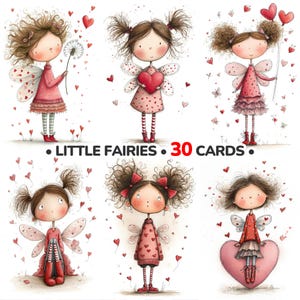 Puede incluir: Un conjunto de 30 tarjetas con ilustraciones de hadas caprichosas con alas y vestidos en forma de corazón. Las hadas se representan en varias poses, sosteniendo corazones y flores, con un estilo suave de acuarela y una paleta de rosas y rojos.