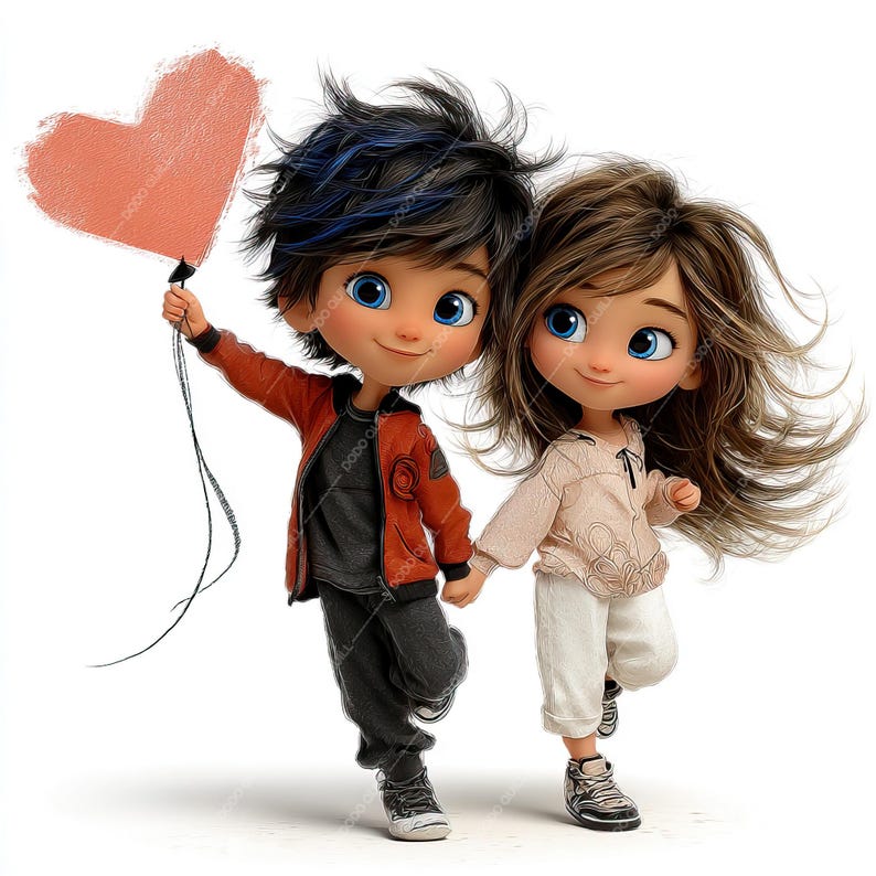 Pode incluir: Uma ilustra&ccedil;&atilde;o digital de duas figuras de desenho animado, um menino e uma menina, de m&atilde;os dadas e sorrindo. O menino segura um bal&atilde;o rosa em forma de cora&ccedil;&atilde;o. O menino usa uma jaqueta vermelha, uma camisa cinza e cal&ccedil;as. A menina usa um moletom bege com capuz e cal&ccedil;as brancas.