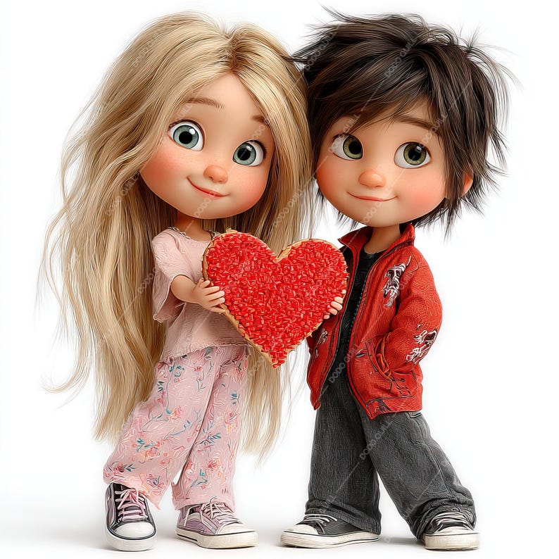 Pode incluir: Duas figuras de desenho animado, uma menina com cabelo loiro comprido e um menino com cabelo escuro, est&atilde;o lado a lado. A menina usa um top rosa e cal&ccedil;as florais, segurando um cora&ccedil;&atilde;o vermelho. O menino usa uma jaqueta vermelha e jeans cinza.