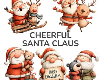Op de afbeelding: Waterverfillustraties van de Kerstman en rendieren in verschillende poses. De Kerstman draagt een rood pak en hoed, met een witte baard. Het rendier heeft een gewei en een sjaal. De tekst "CHEERFUL SANTA CLAUS" wordt weergegeven.