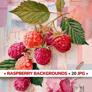 Puede incluir: Imagen de arte digital con un grupo de frambuesas maduras en tonos rojos y rosas, con hojas y tallos verdes. El texto "RASPBERRY BACKGROUNDS • 20 JPG •" está en la parte inferior de la imagen. El fondo tiene una apariencia de collage.