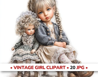 Vintage Girl Clipart Seated Portraits with Dolls | Square JPG Nostalgic Victorian Style Art
