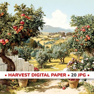 Puede incluir: Una ilustración digital de un huerto de manzanos con manzanas rojas en los árboles, cestas de madera y un paisaje lejano. El texto HARVEST DIGITAL PAPER 20 JPG está impreso en rojo y negro sobre una franja blanca en el centro.