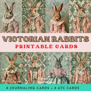 Coelhos vintage em estilo vitoriano. Cartões ATC de diário com imagens digitais para impressão. Folhas de colagem, scrapbooking, itens efêmeros, cartões de diário.