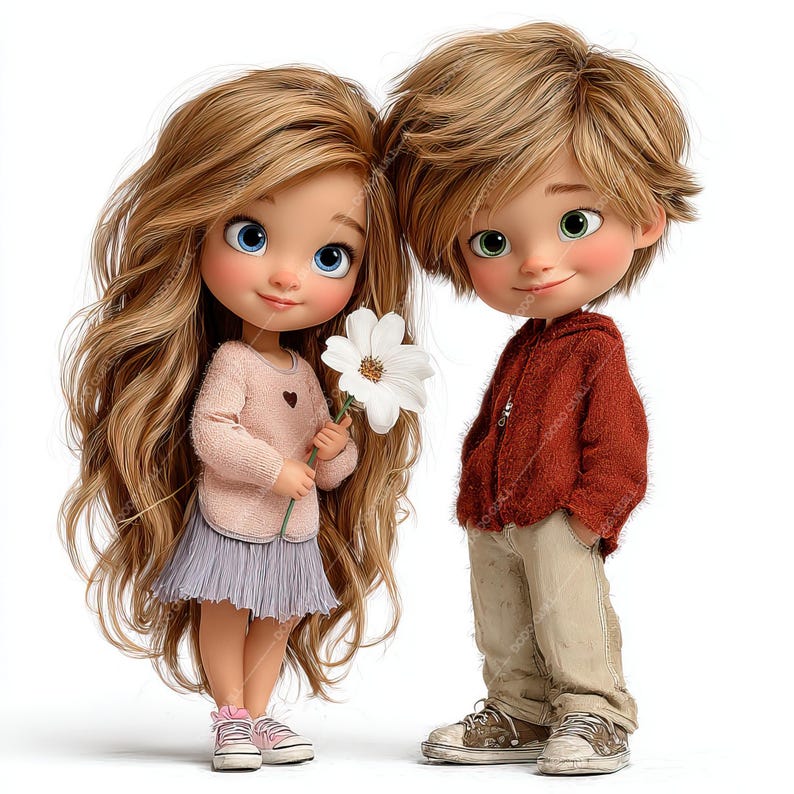 Pode incluir: Imagem digitalizada de duas bonecas de desenho animado, uma menina e um menino, em p&eacute; lado a lado. A menina tem cabelo loiro longo e ondulado, olhos azuis e usa um su&eacute;ter rosa, uma saia cinza e t&ecirc;nis rosa. Ela segura uma flor branca. O menino tem cabelo loiro curto e desgrenhado, olhos verdes e usa um moletom vermelho com capuz, cal&ccedil;as bege e t&ecirc;nis.