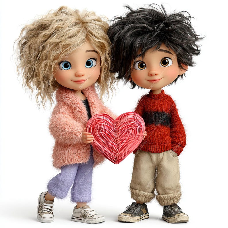 Pode incluir: Dois personagens de desenho animado, uma menina com cabelo loiro encaracolado e um menino com cabelo preto, seguram um grande cora&ccedil;&atilde;o vermelho. A menina usa um casaco rosa felpudo, cal&ccedil;as roxas e t&ecirc;nis brancos. O menino usa um su&eacute;ter vermelho, cal&ccedil;as c&aacute;qui e t&ecirc;nis cinza.