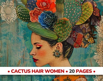 Cactus Hair Women Journal Pages, Desert Botanical Portrait Printables | Abstract Backgrounds 20 JPG