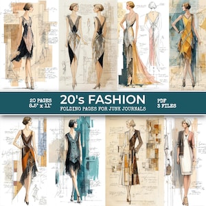 Diario de moda de los años 20: páginas plegables - Ropa de mujer, bocetos art déco retro / PDF (producto digital, descarga instantánea)