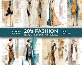 1920s Fashion Junk Journal Folding Pages - Women's Clothing, Sketches Art Deco Retro | PDF Set (Digital Product, Instant Download)