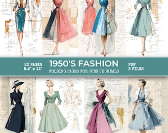 May include: A collection of illustrations showcasing 1950s fashion designs. The images feature women in various dresses and outfits, with sketches and handwritten notes in the background. The text reads "1950'S FASHION" and "8.5" x 11".