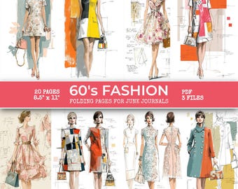 1960s Fashion Sketches, Junk Journal Pages (Printable PDF)