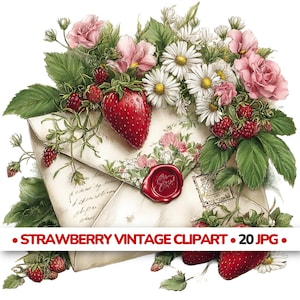 May include: A vintage-style illustration featuring a bouquet of pink roses, white daisies, and green leaves, with ripe red strawberries and a cream-colored envelope sealed with a red wax stamp. The text "STRAWBERRY VINTAGE CLIPART • 20 JPG" is at the bottom.