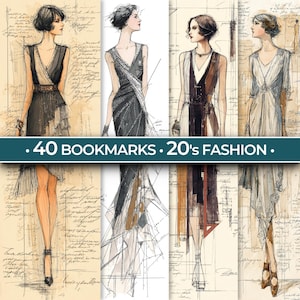 Può includere: Una collezione di segnalibri illustrati con disegni di moda degli anni '20. I disegni mostrano donne in abiti eleganti con dettagli intricati, su uno sfondo di carta invecchiata. Il testo sui segnalibri recita ".40 BOOKMARKS . 20'S FASHION ."