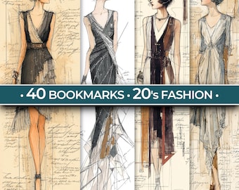 May include: A collection of illustrated bookmarks featuring 1920s fashion designs. The drawings showcase women in elegant dresses with intricate details, set against a backdrop of aged paper. The text on the bookmarks reads ".40 BOOKMARKS . 20'S FASHION ."