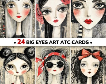 以下が含まれることがあります： 大きな目を持つ女性の肖像画が描かれた、6枚のアートトレーディングカードのセット。各カードには、異なる髪型、アクセサリー、表情を持つ女性が描かれています。画像には「24 BIG EYES ART ATC CARDS」と書かれています。
