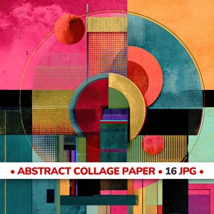 Puede incluir: Papel de collage abstracto con un diseño geométrico. La obra de arte presenta una vibrante mezcla de colores, incluyendo rosa, verde azulado, dorado y rojo. El diseño incorpora círculos, rectángulos y líneas, creando una composición moderna y artística. El texto "ABSTRACT COLLAGE PAPER • 16 JPG •" se muestra en la parte inferior.