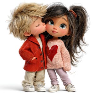Pode incluir: Uma ilustra&ccedil;&atilde;o encantadora de duas figuras de desenho animado, um menino e uma menina, abra&ccedil;ados. O menino, com um casaco vermelho, beija a bochecha da menina. A menina usa um su&eacute;ter rosa com um cora&ccedil;&atilde;o vermelho. Ambas as figuras usam t&ecirc;nis.