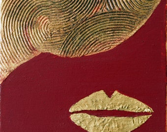 Mysteriosus woman #1 Abstract famale portrait, sensual lips. 3D texture, mixed media. Wall decor, small format painting in burgundy and gold