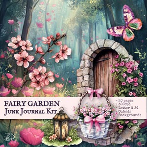 Zestaw Fairy Garden Junk Journal. Fairy Garden Ephemera w kolorze różowym i różowym. Grafika wektorowa, strony do druku, cięcia precyzyjne. Obiekty i tła