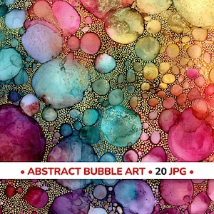 May include: Abstract artwork featuring colorful, overlapping bubble shapes in shades of pink, blue, green, and yellow. The bubbles have a watercolor effect with gold accents, set against a dark background. The text "ABSTRACT BUBBLE ART • 20 JPG •" is at the bottom.