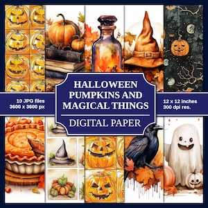 Journal d'Halloween imprimable, papier scrapbooking numérique, fournitures pour journal indésirable, téléchargement numérique | Citrouilles, livres magiques, objets magiques